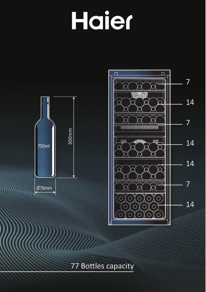 Haier HWS77GDAU1 Wijnkoelkast 77 Flessen - 2 Zones - Zwart