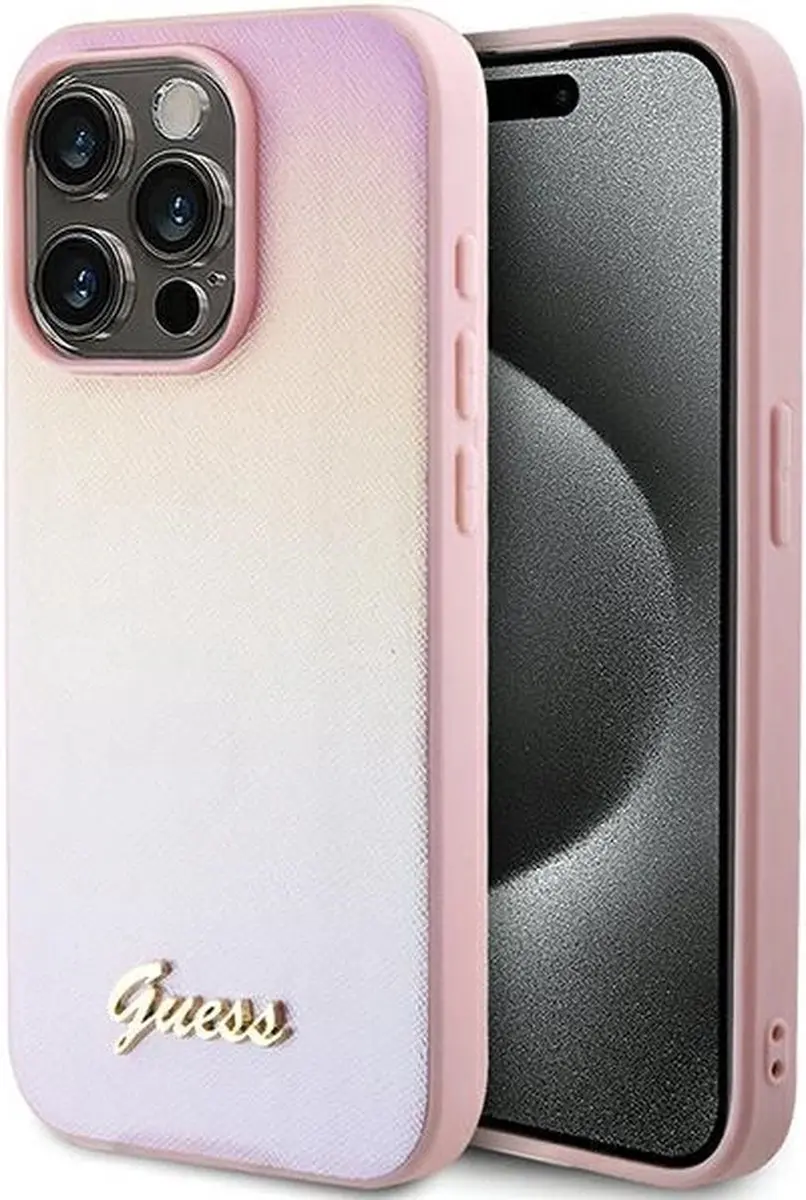 Guess Saffiano Iridescent Script Hoesje iPhone 14 Pro Max - Roze