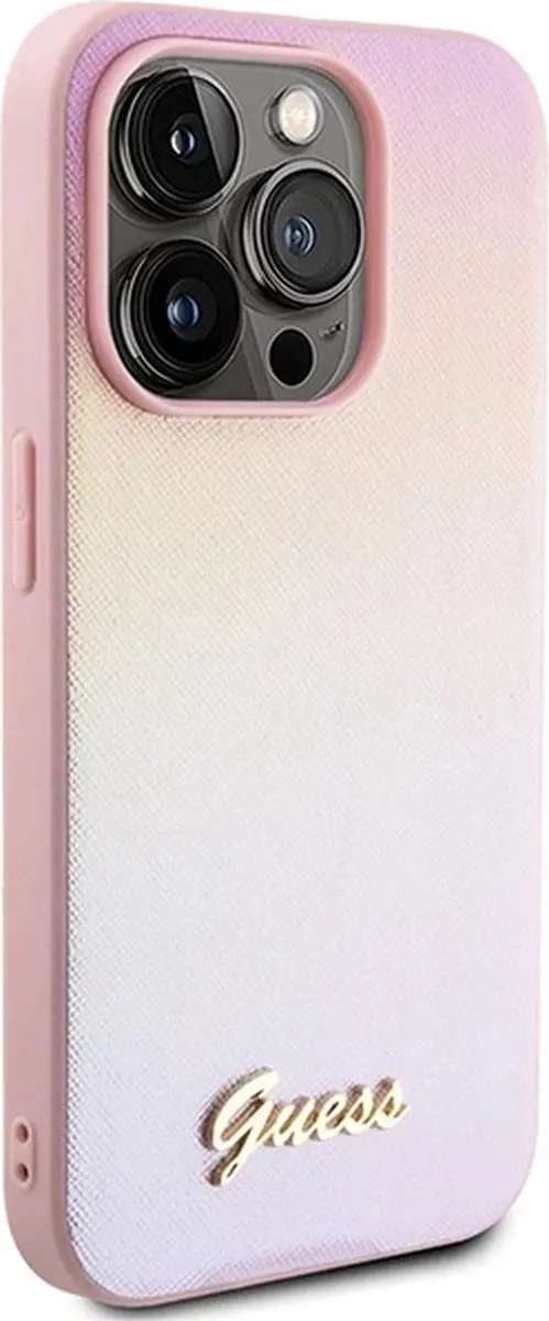 Guess Saffiano Iridescent Script Hoesje iPhone 14 Pro Max - Roze