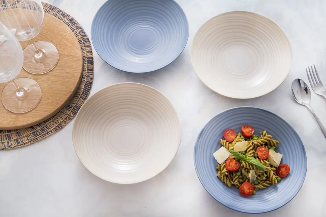 KitchenCraft Pastaschalen Set 4 Stuks - 22cm - Blauw/Crème