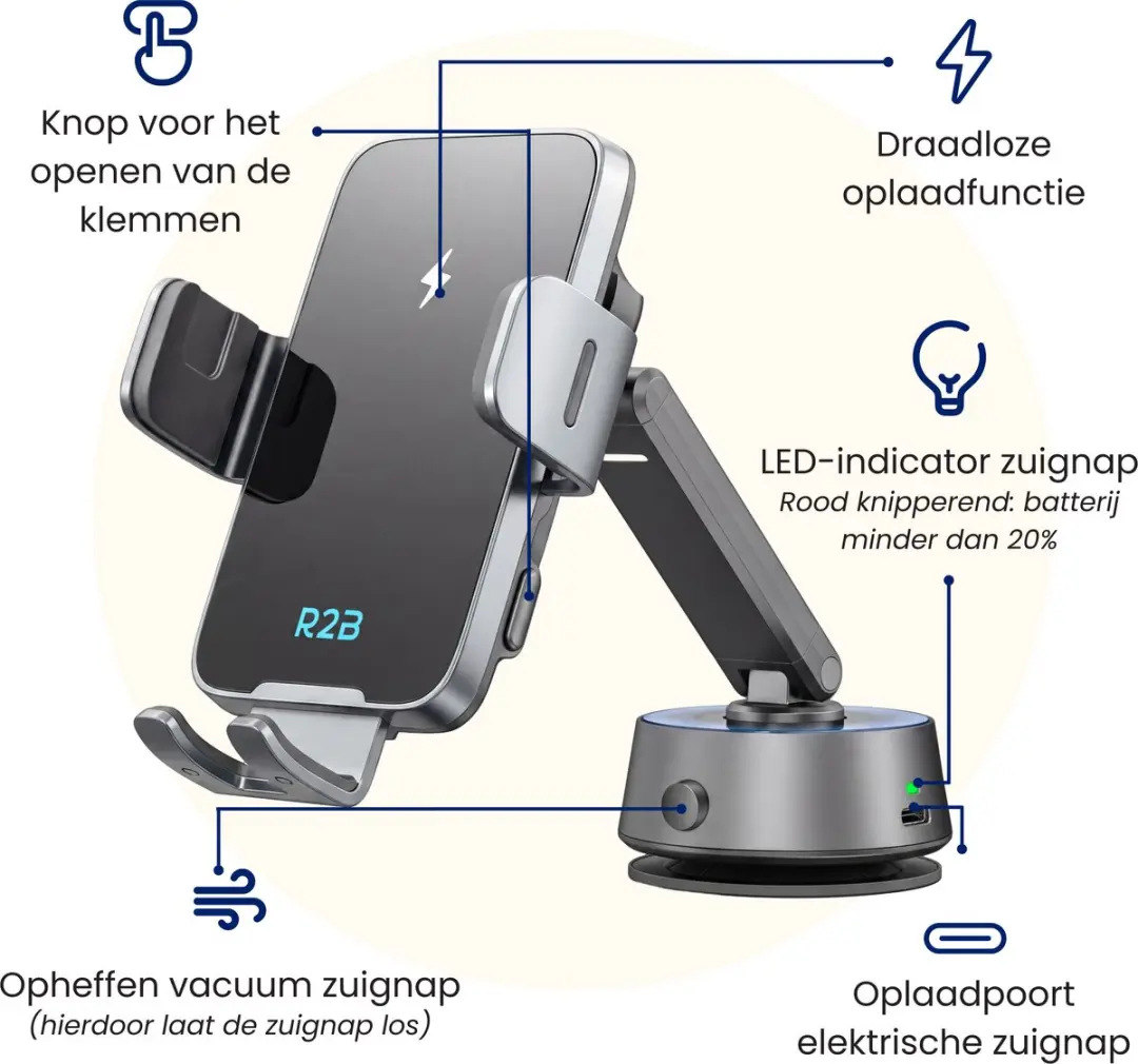 R2B Telefoonhouder Auto Zuignap Zaandijk-01 - Draadloos Opladen - 7 Inch
