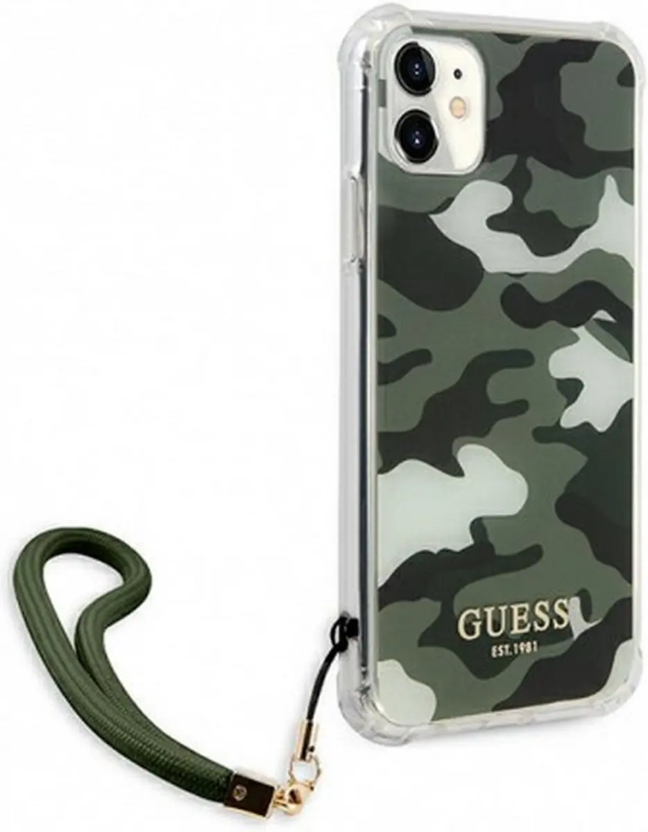 GUESS Camo Back Case met Strap iPhone 11 - Khaki Groen