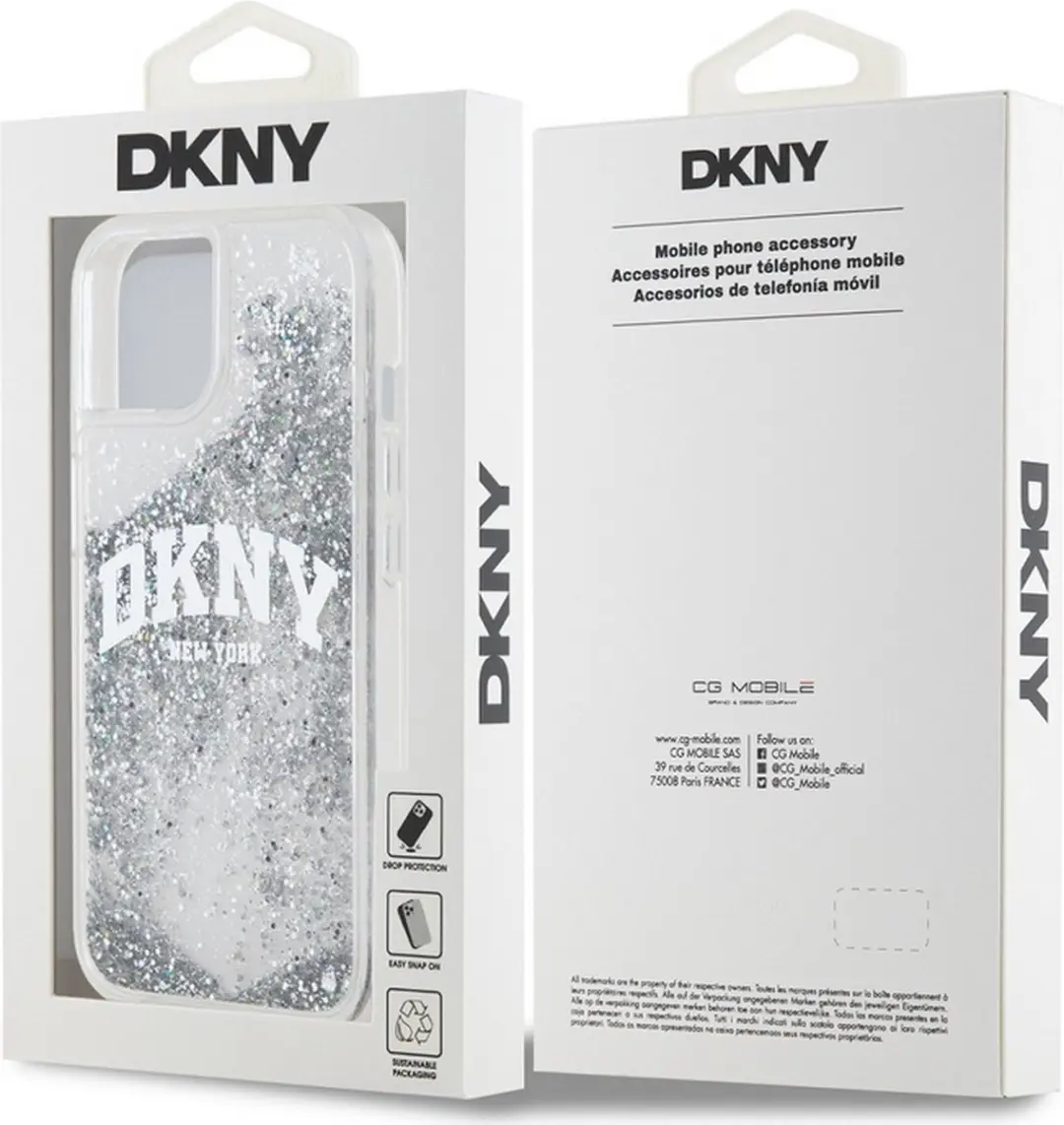 DKNY Liquid Glitter Arch Logo Back Case - iPhone 15 - Wit/Zilver