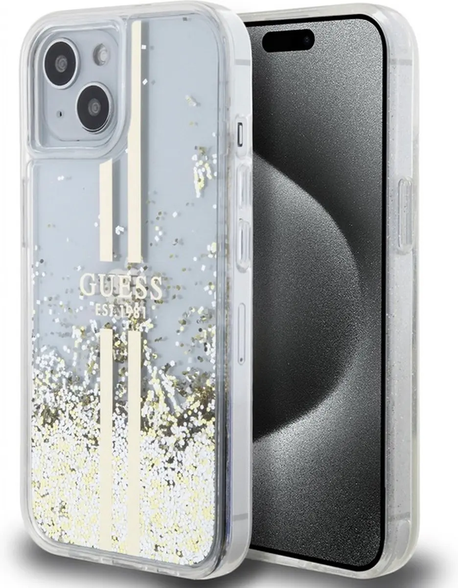 GUESS Liquid Glitter Gold Stripe iPhone 15 Plus Hoes - Transparant