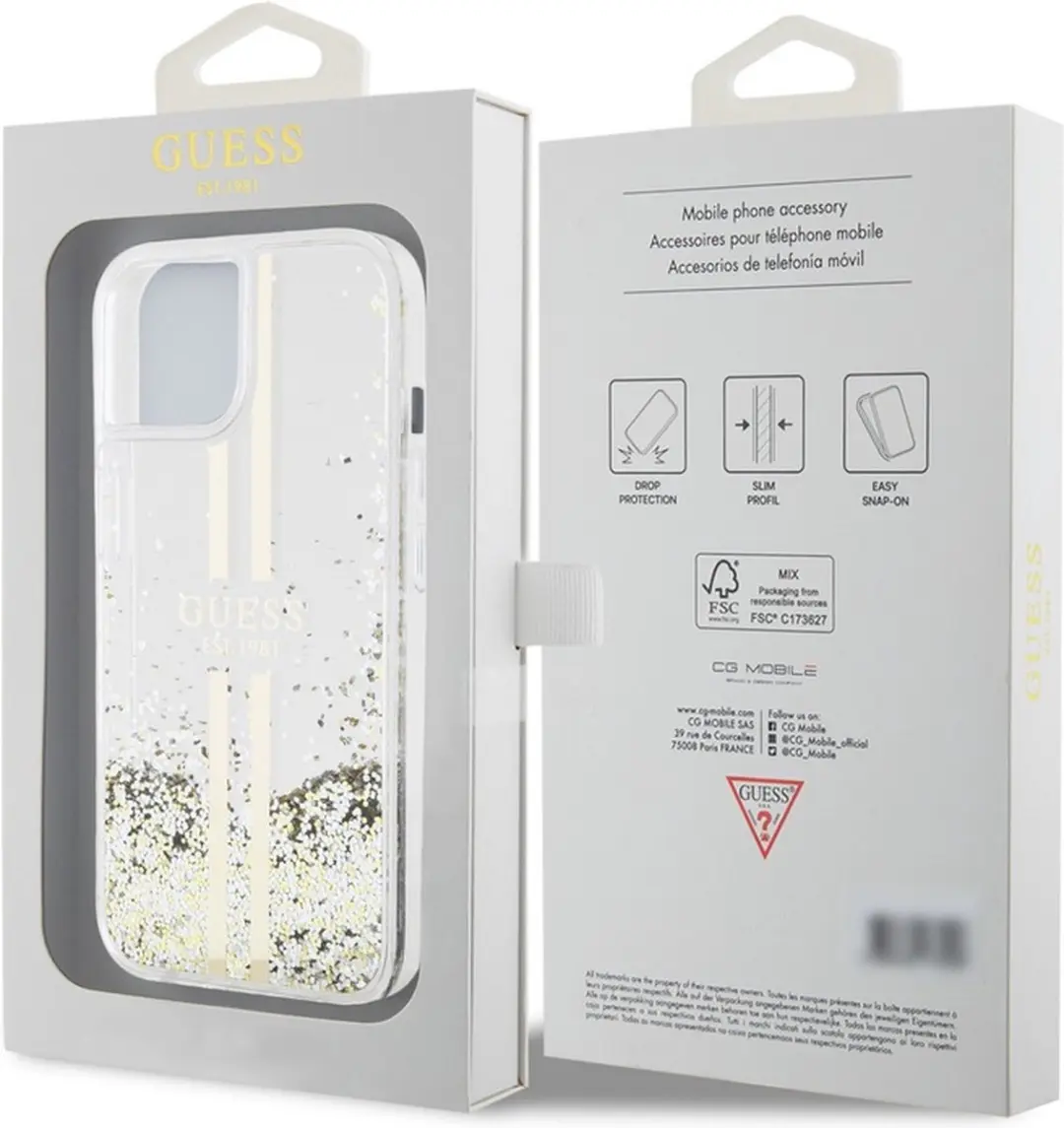 GUESS Liquid Glitter Gold Stripe iPhone 15 Plus Hoes - Transparant