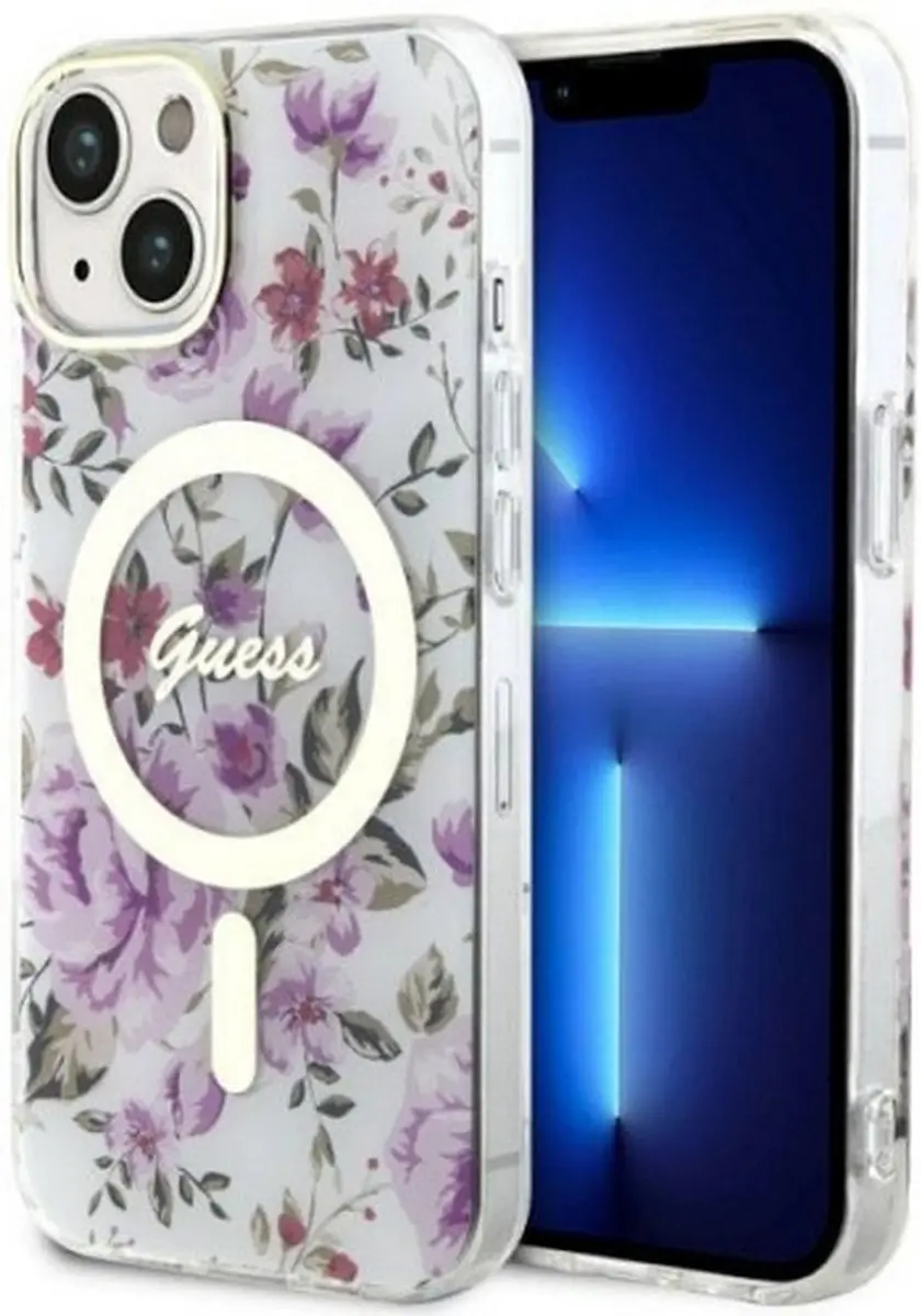GUESS Flower Back Case MagSafe iPhone 14 Plus - Wit/Transparant