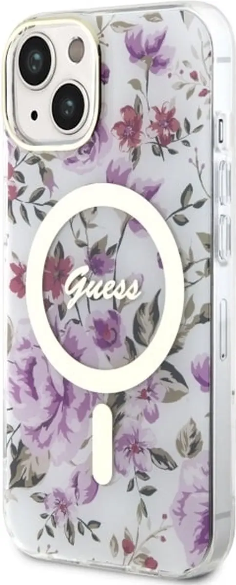 GUESS Flower Back Case MagSafe iPhone 14 Plus - Wit/Transparant