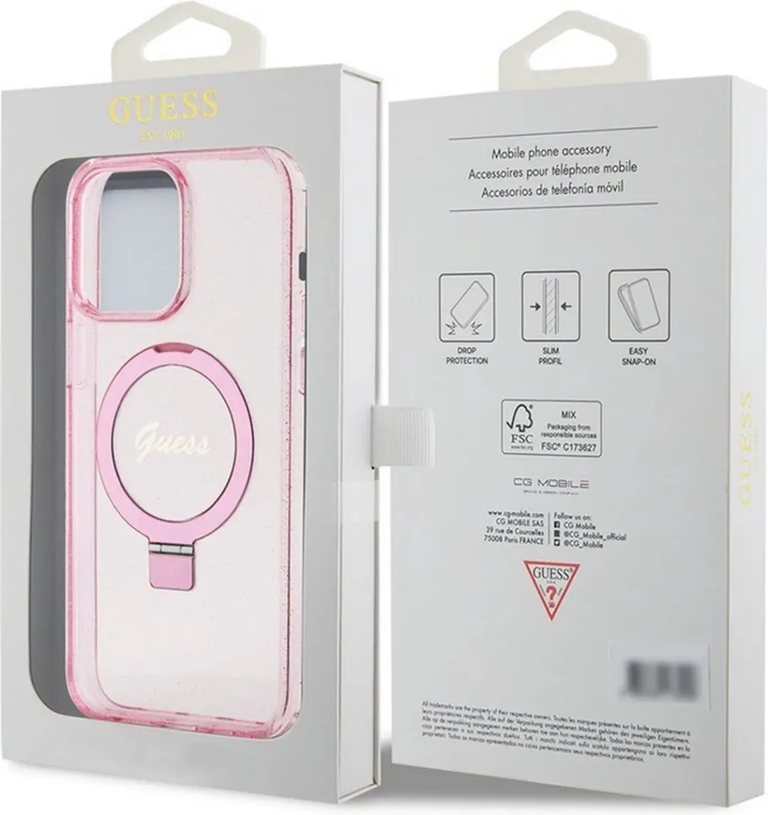 GUESS Ring Glitter Back Case MagSafe - Roze - iPhone 15 Pro Max