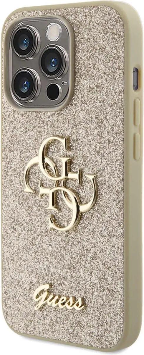 Guess 4G Logo Glitter Back Case Goud - iPhone 15 Pro