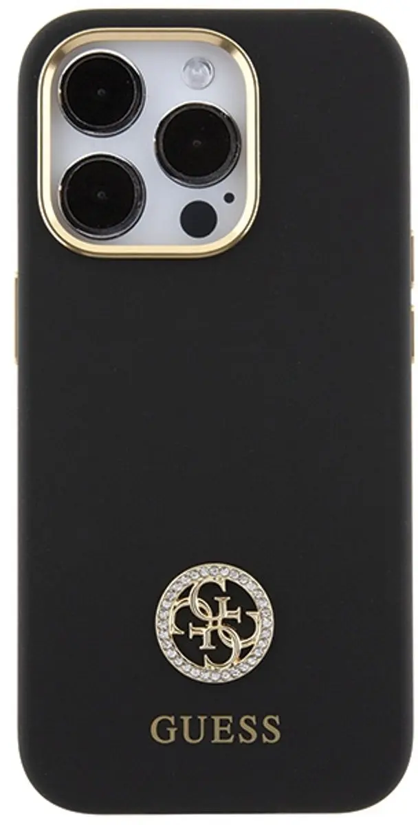 GUESS 4G Silicone Metal Logo Hoes - iPhone 15 Pro - Zwart