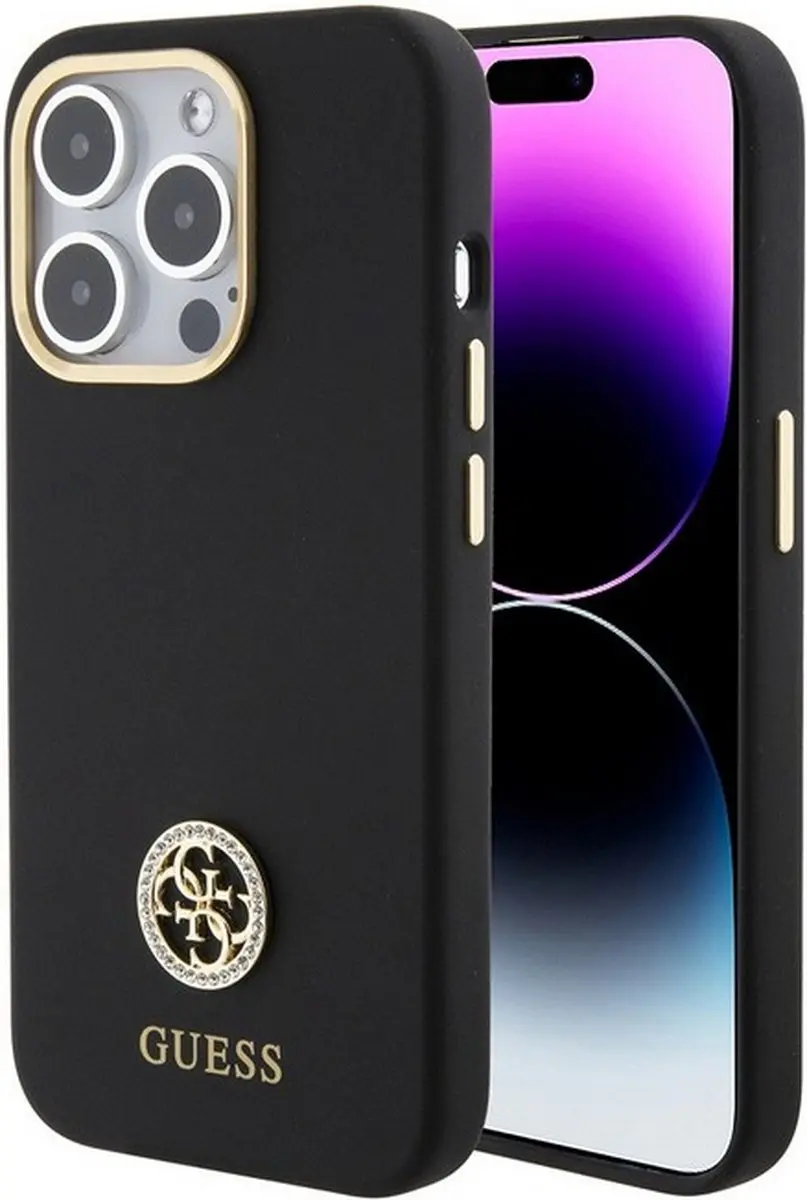GUESS 4G Silicone Metal Logo Hoes - iPhone 15 Pro - Zwart