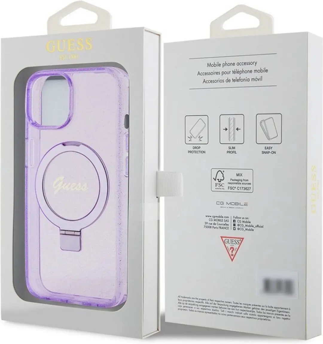 GUESS Ring Glitter Back Case - Paars - iPhone 15 MagSafe