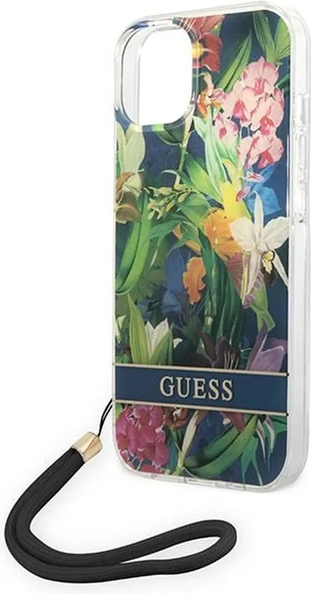 GUESS Flower Back Cover met Strap iPhone 14 - Blauw
