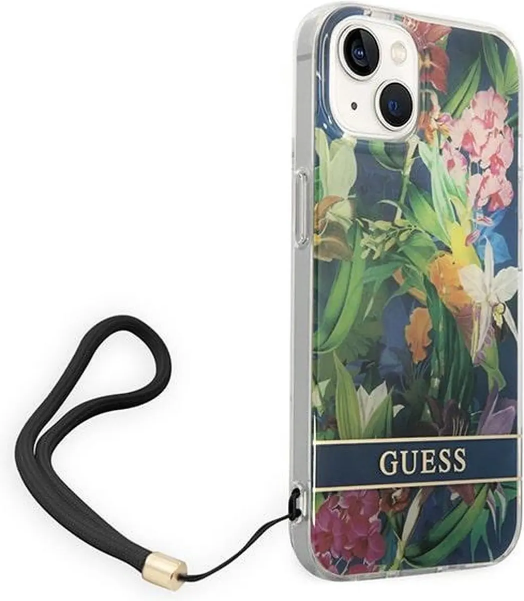 GUESS Flower Back Cover met Strap iPhone 14 - Blauw
