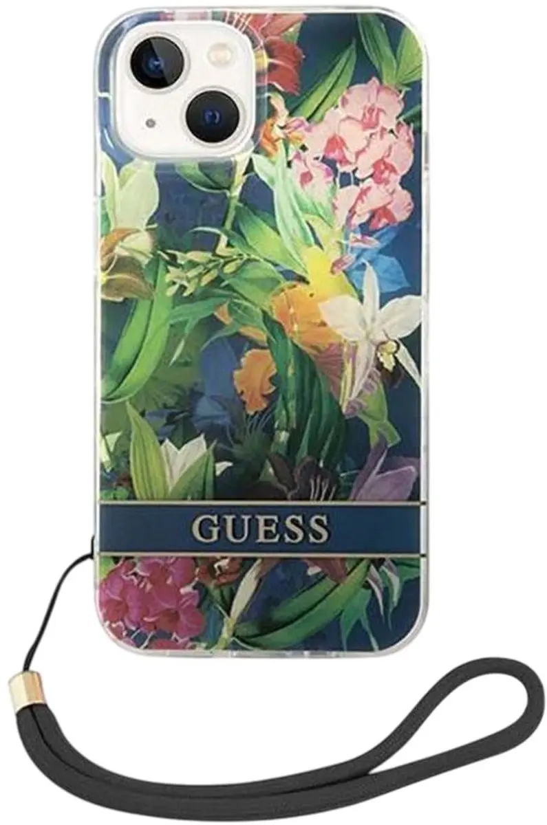 GUESS Flower Back Cover met Strap iPhone 14 - Blauw