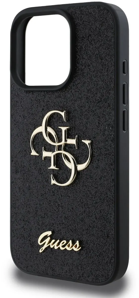 GUESS Hoesje iPhone 16 Pro Max - Glitters & Metaal Logo - Zwart