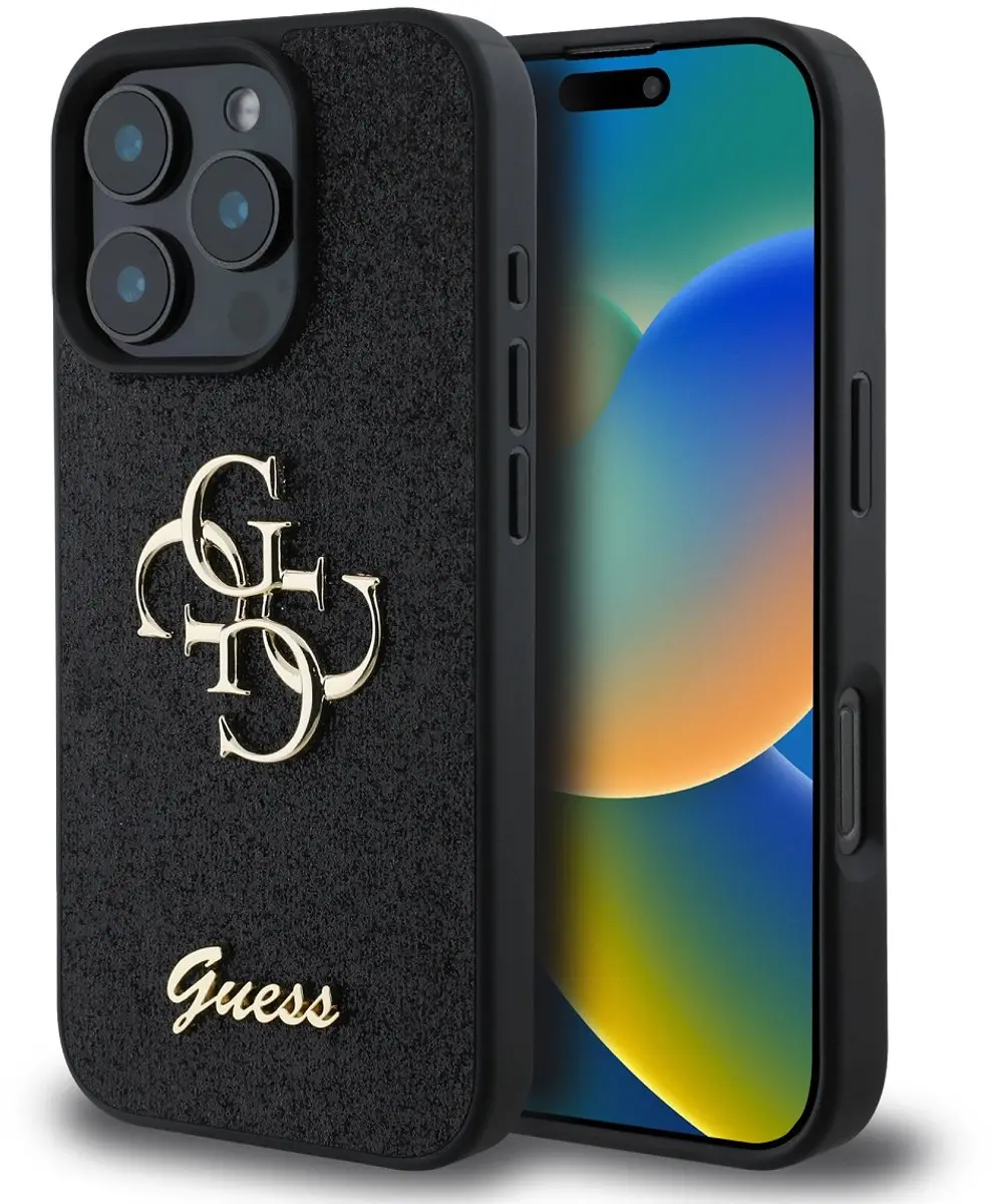 GUESS Hoesje iPhone 16 Pro Max - Glitters & Metaal Logo - Zwart