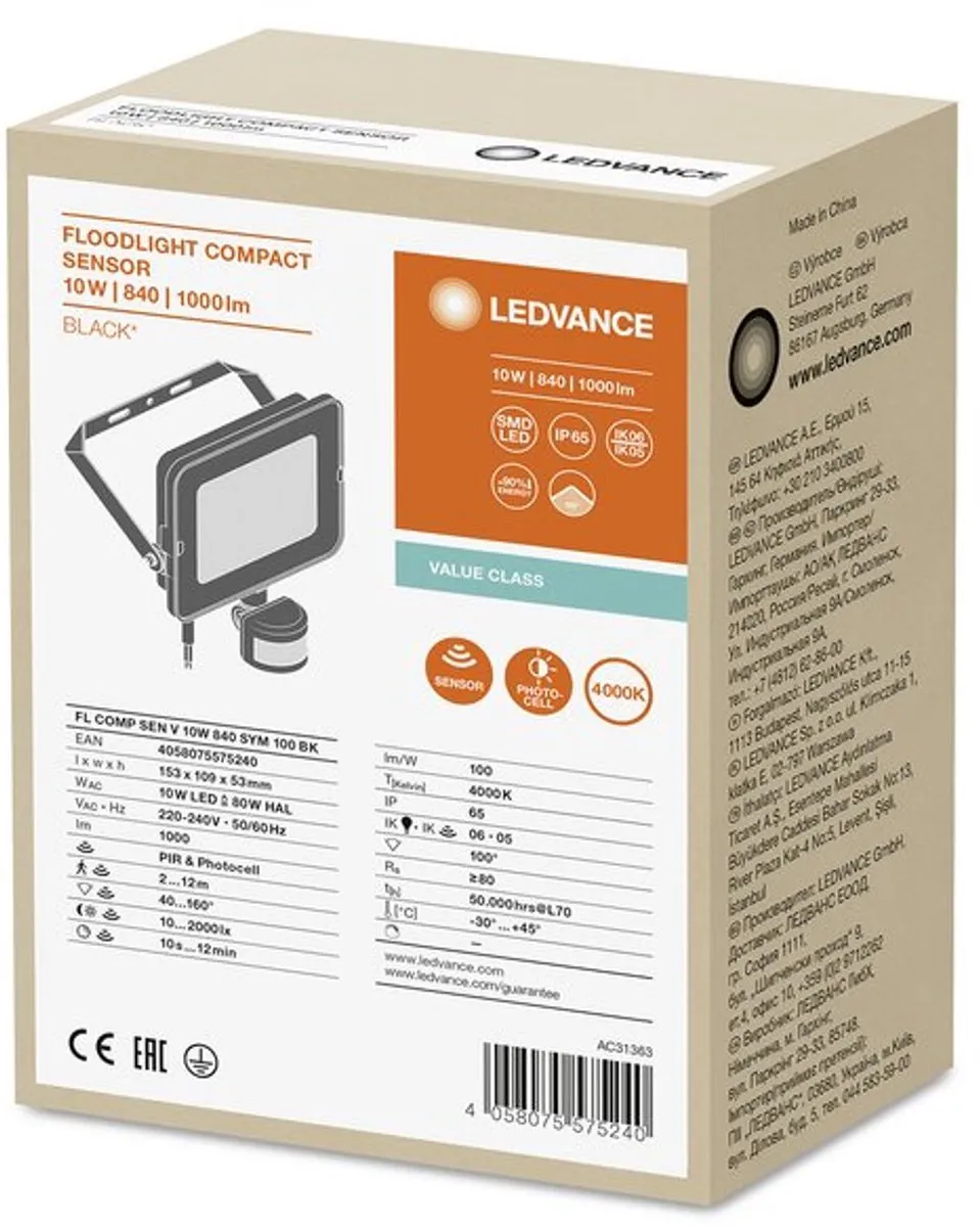 LEDVANCE Bewegingsensor Breedstraler 10W 3500K - Zwart