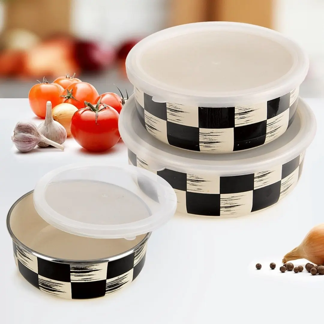 Orion Geëmailleerde Kom met Deksel 17cm - 1L - Zwart/Beige