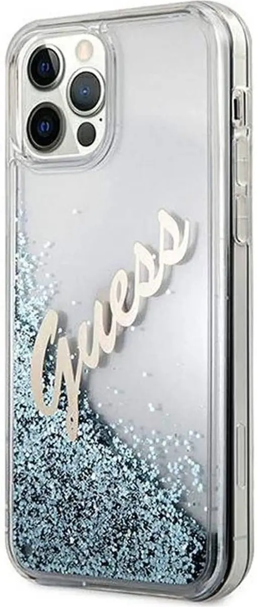 GUESS Liquid Glitter Script Back Shield Hard Case - iPhone 12/12 Pro - Blauw