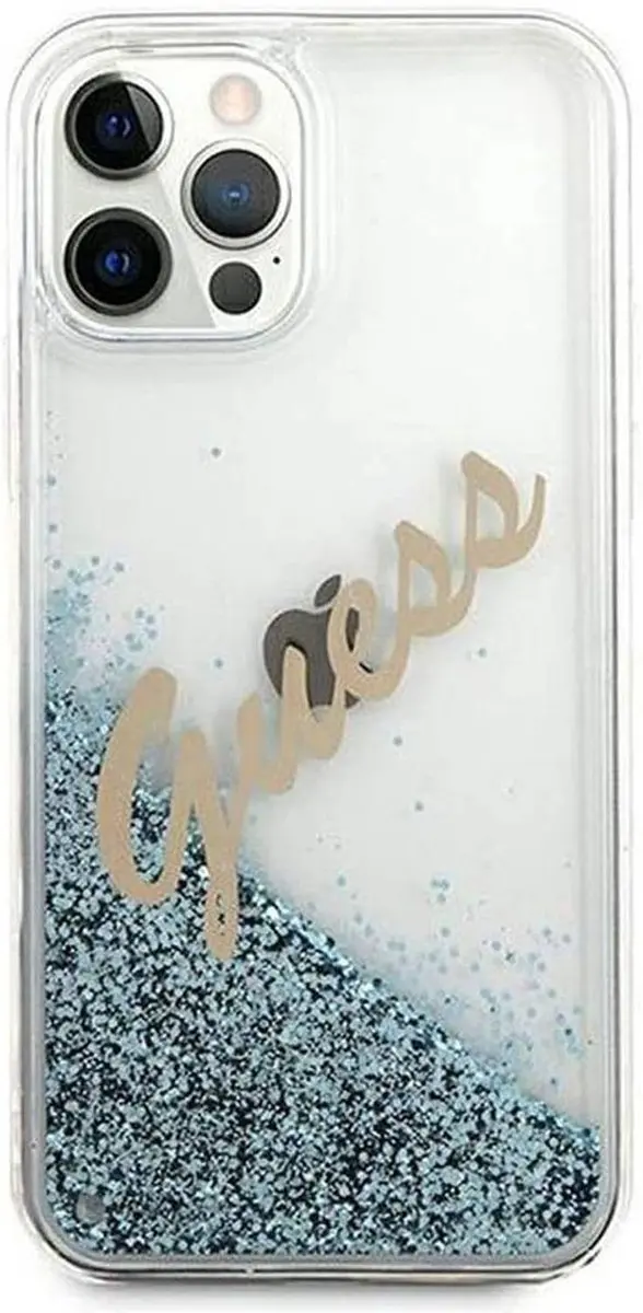 GUESS Liquid Glitter Script Back Shield Hard Case - iPhone 12/12 Pro - Blauw