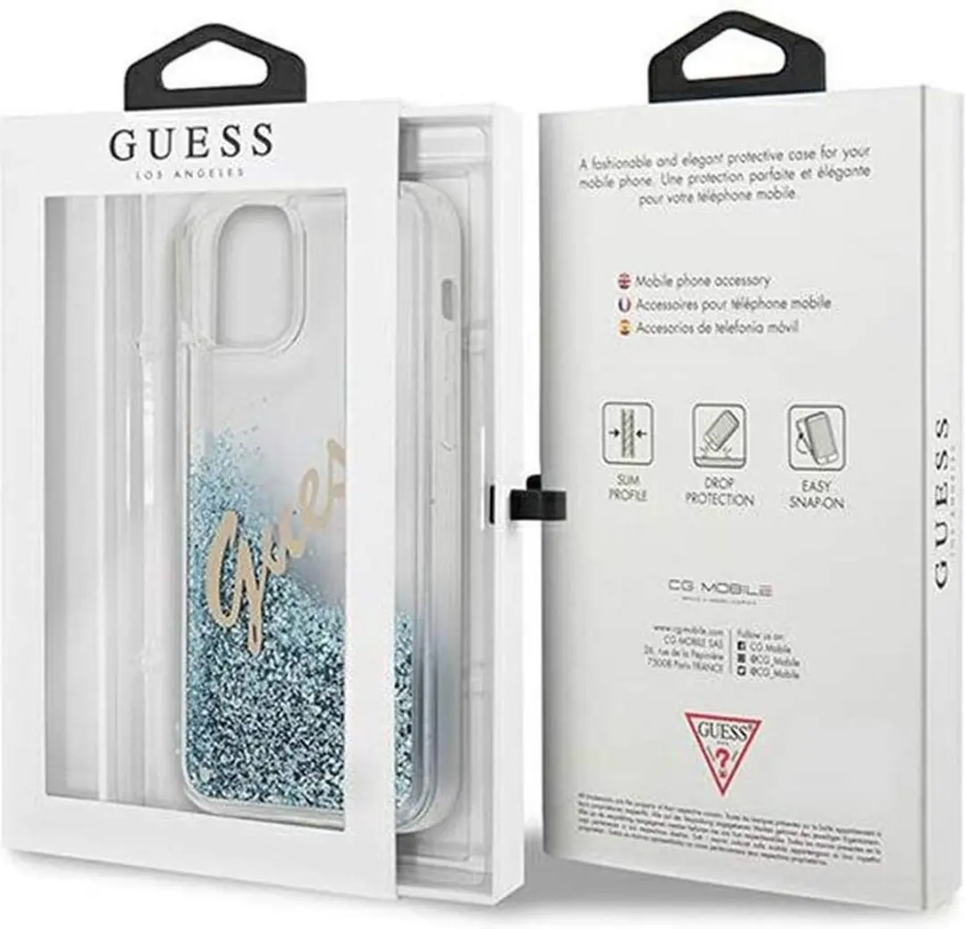 GUESS Liquid Glitter Script Back Shield Hard Case - iPhone 12/12 Pro - Blauw