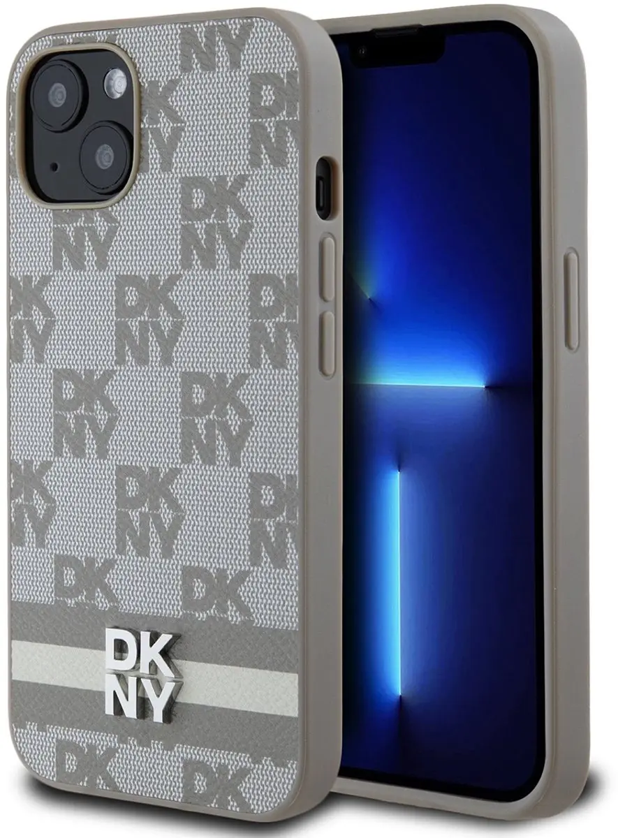 DKNY Checkered Printed Stripe iPhone 13 Hoes - Beige