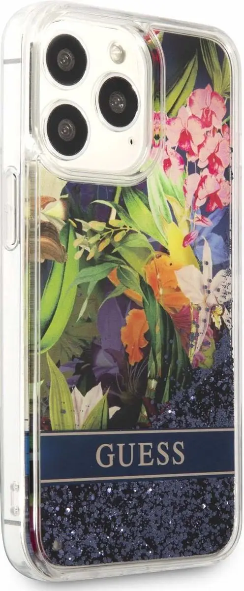 GUESS Flower Liquid Glitter iPhone 13 Pro Hoes - Blauw