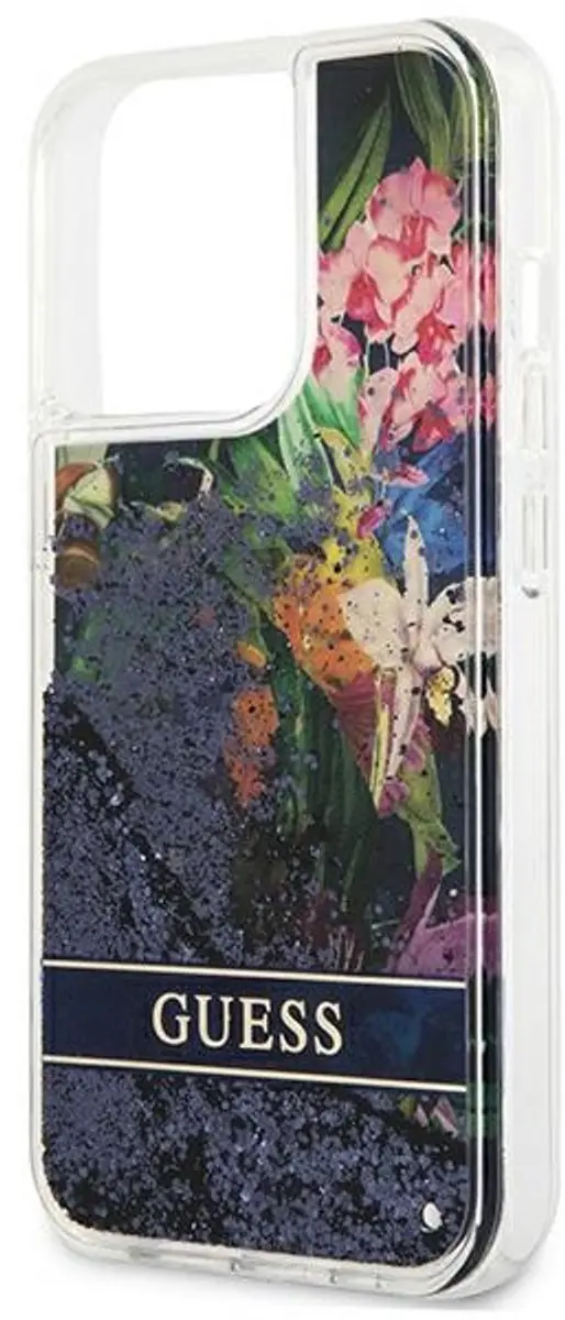 GUESS Flower Liquid Glitter iPhone 13 Pro Hoes - Blauw
