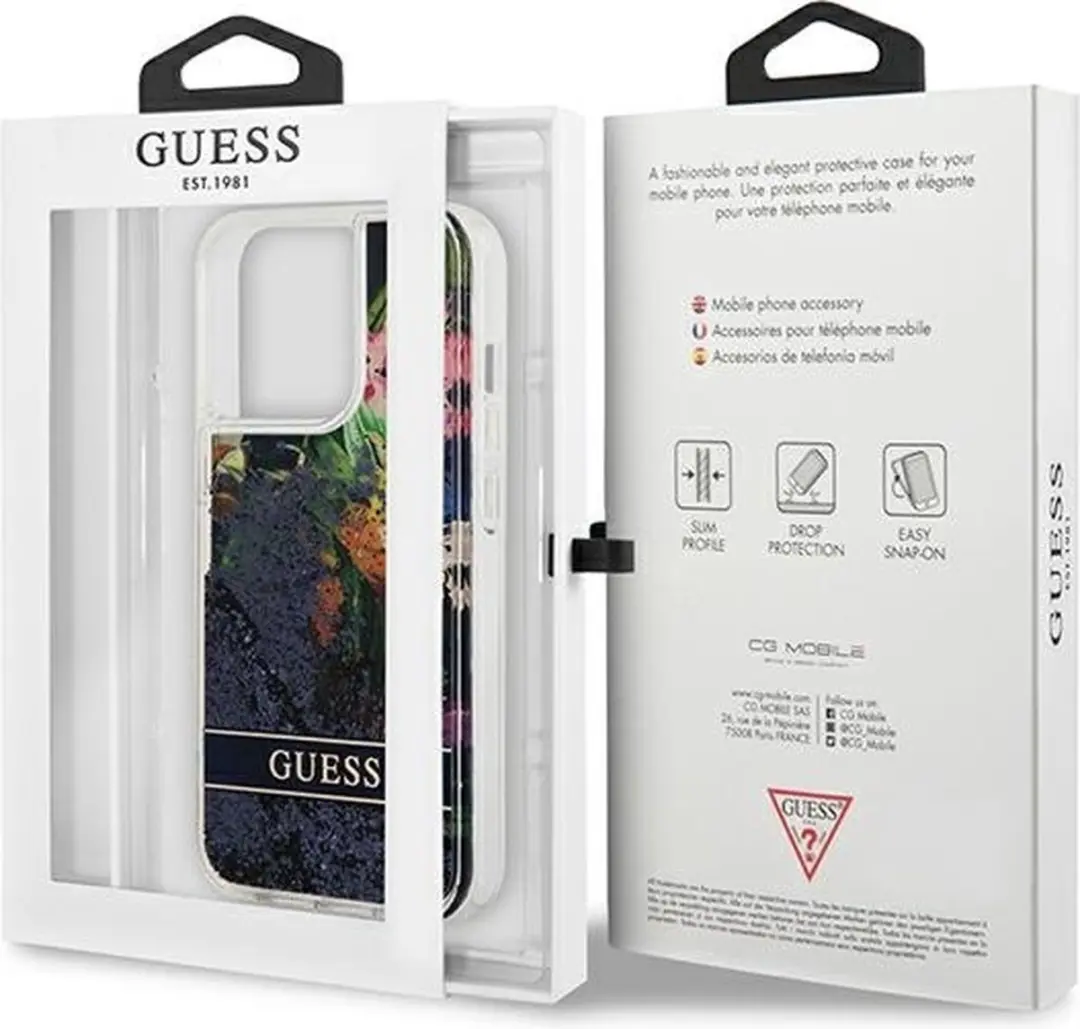 GUESS Flower Liquid Glitter iPhone 13 Pro Hoes - Blauw