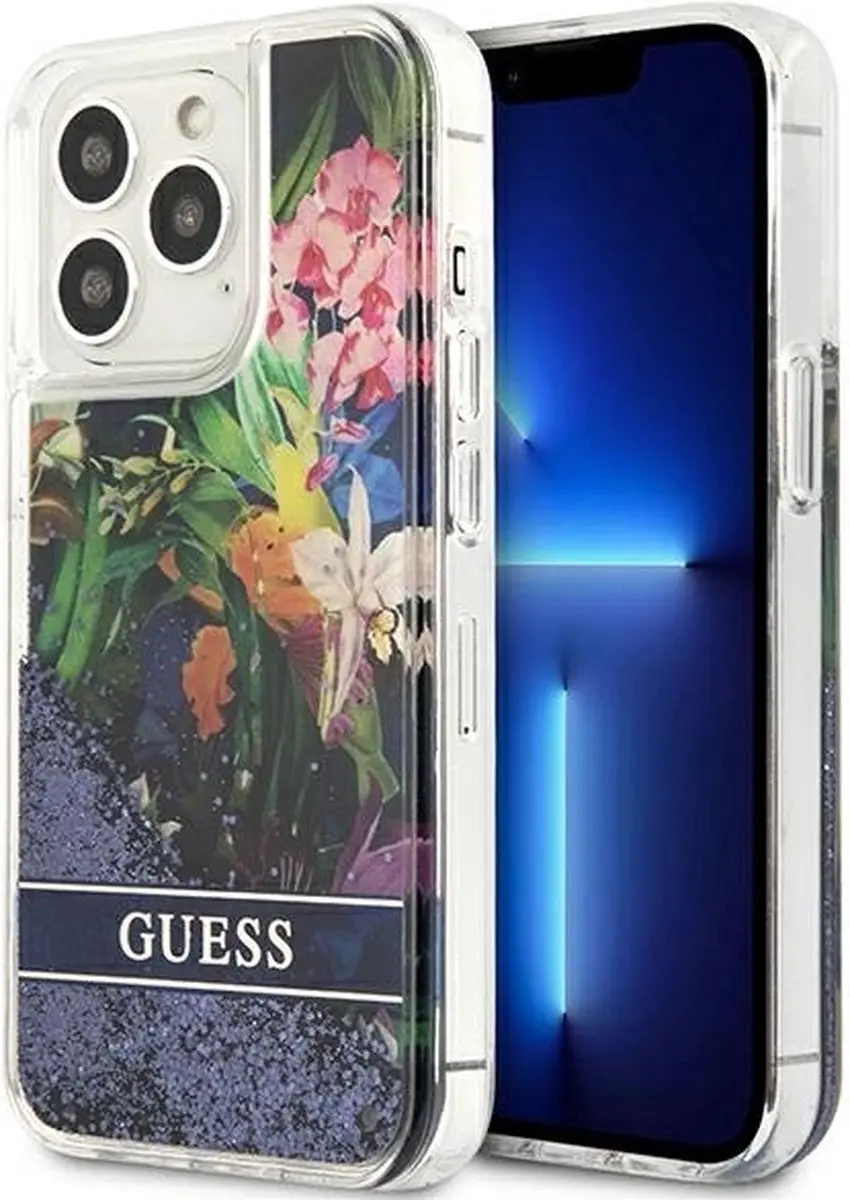 GUESS Flower Liquid Glitter iPhone 13 Pro Hoes - Blauw - afbeelding 6 van 6
