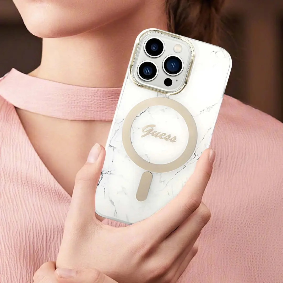 GUESS Hoes iPhone 14 Pro Max Marmer Wit - Qi Magsafe
