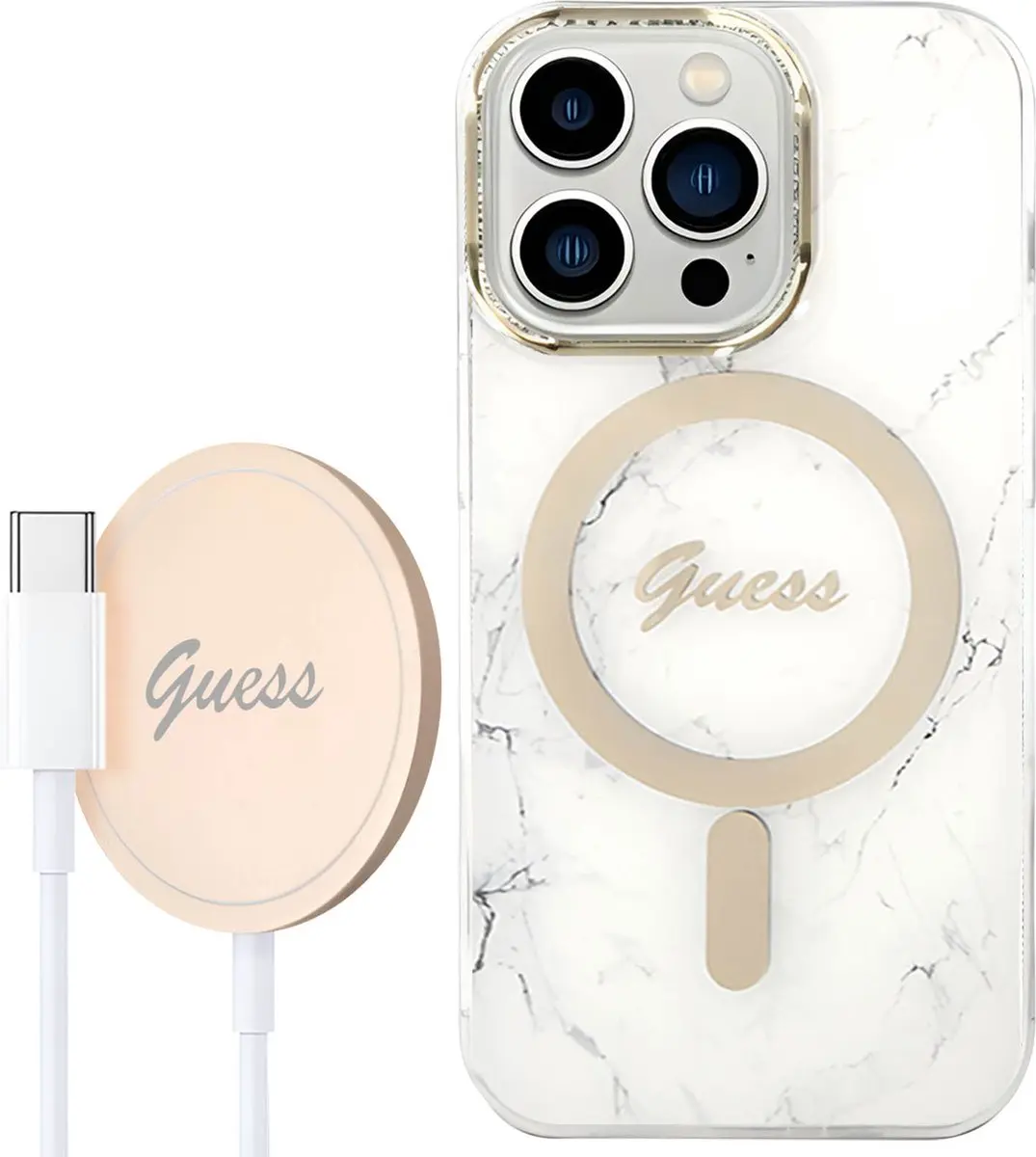 GUESS Hoes iPhone 14 Pro Max Marmer Wit - Qi Magsafe