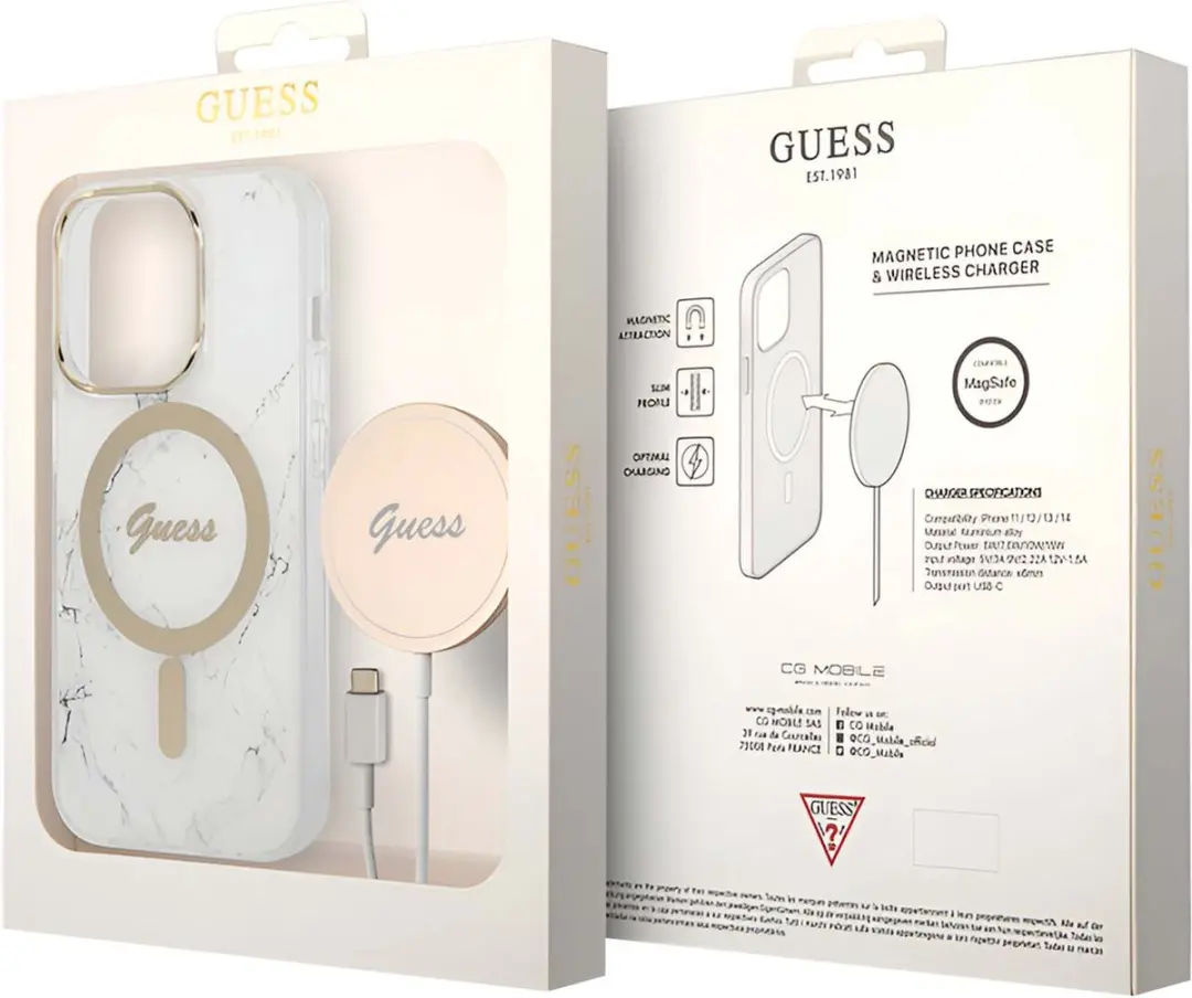 GUESS Hoes iPhone 14 Pro Max Marmer Wit - Qi Magsafe