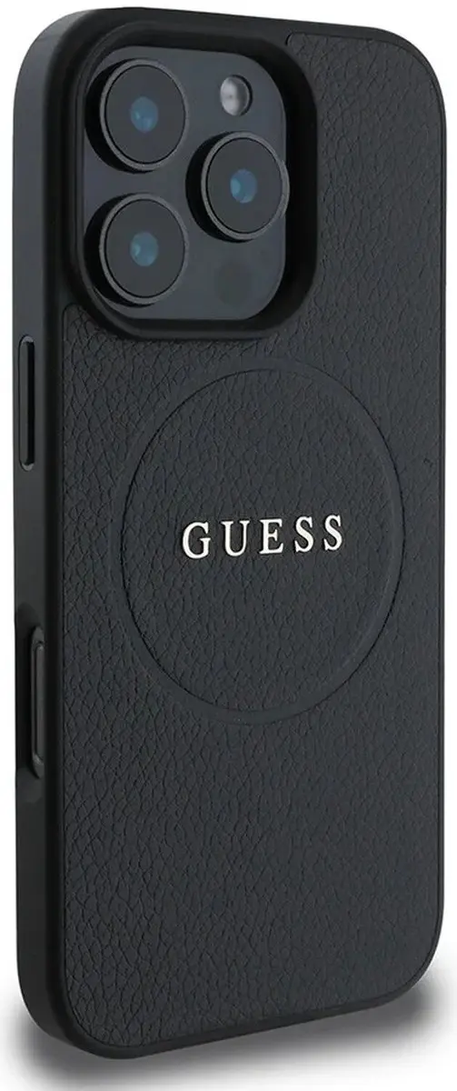 GUESS Grained Gold Ring Hoesje iPhone 16 Pro - Zwart