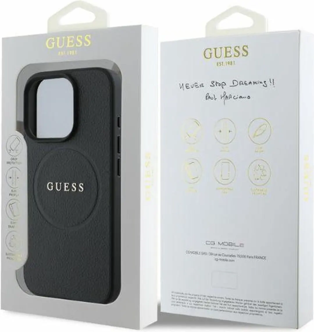 GUESS Grained Gold Ring Hoesje iPhone 16 Pro - Zwart