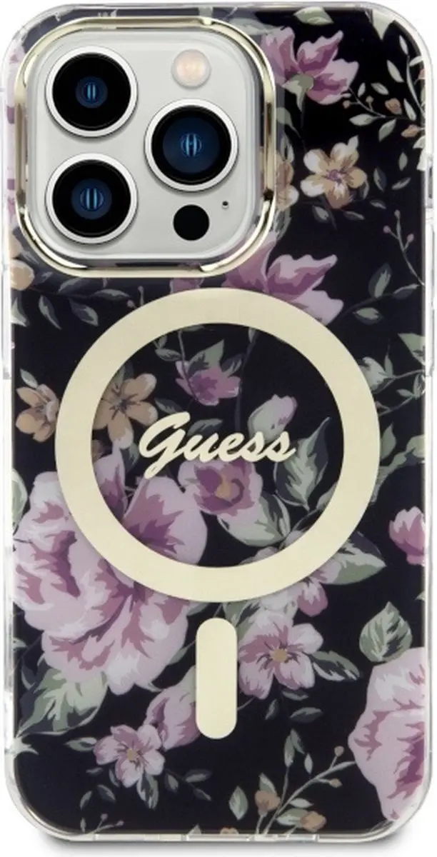 GUESS Flower Back Case MagSafe iPhone 14 Pro - Zwart