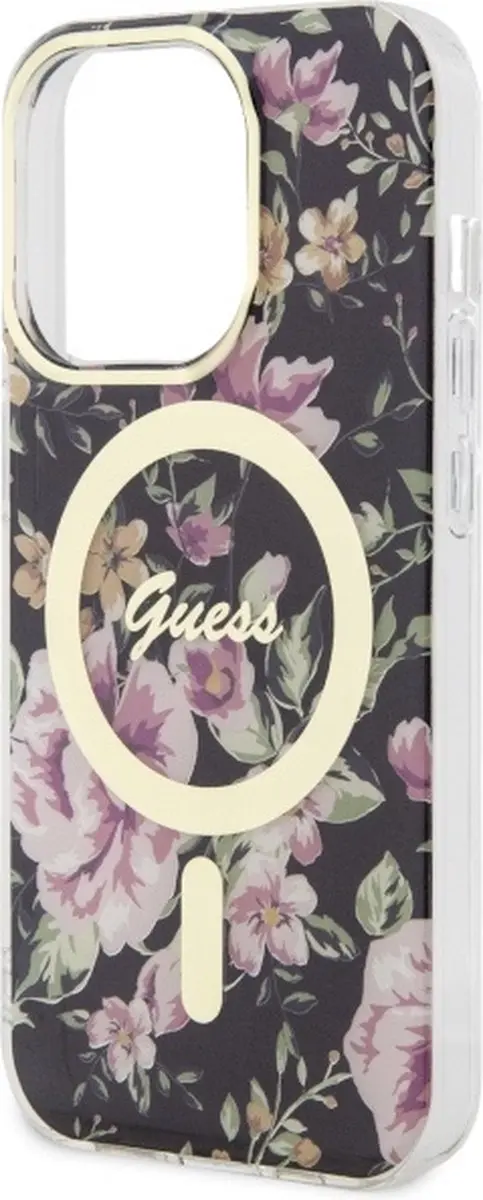 GUESS Flower Back Case MagSafe iPhone 14 Pro - Zwart