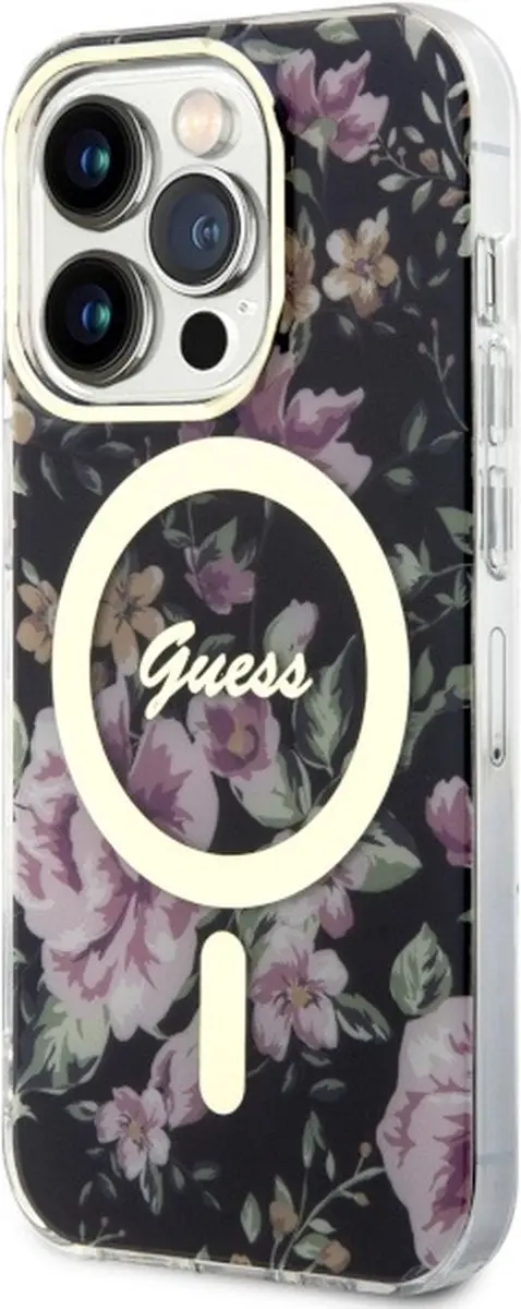 GUESS Flower Back Case MagSafe iPhone 14 Pro - Zwart