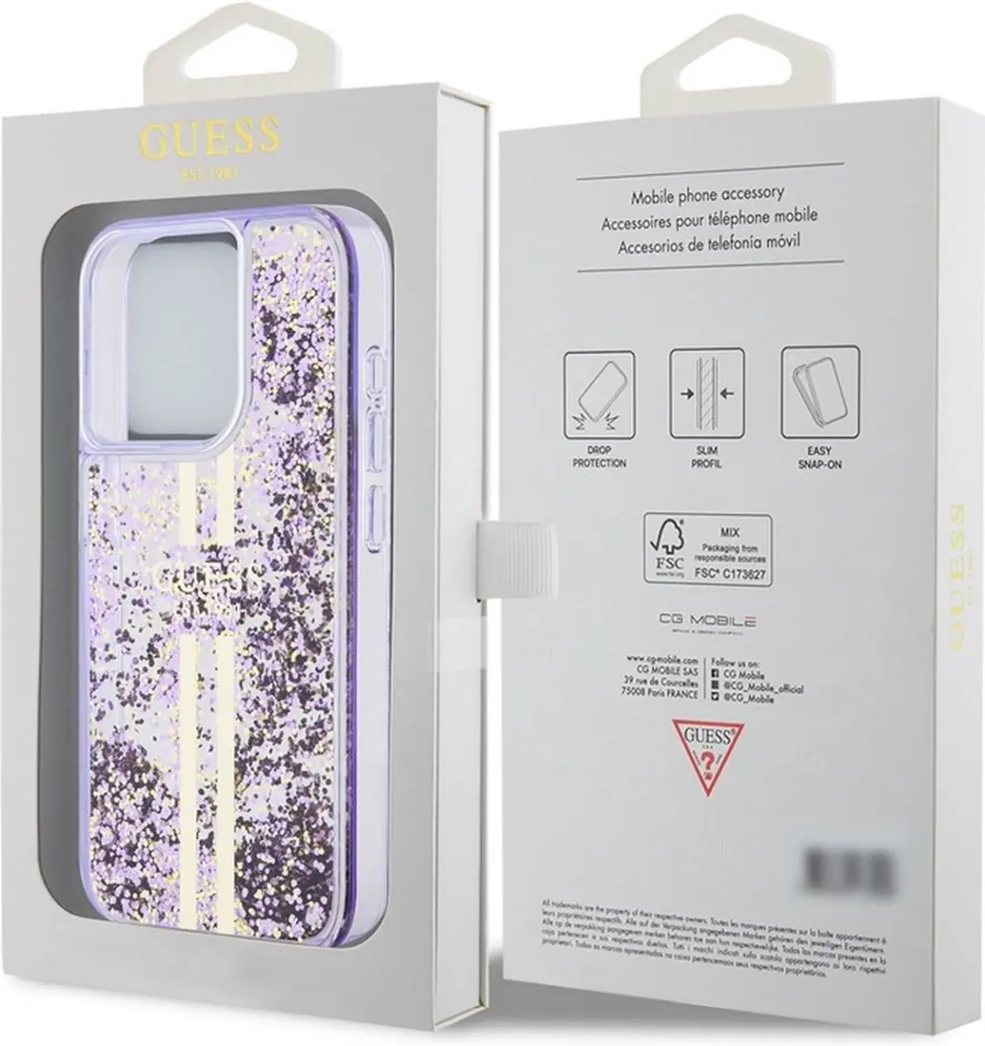 GUESS Liquid Glitter Golden Stripes Hoesje - iPhone 15 Pro - Paars