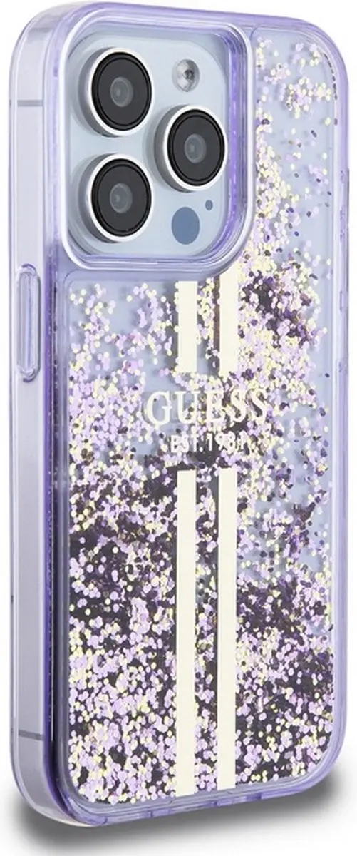GUESS Liquid Glitter Golden Stripes Hoesje - iPhone 15 Pro - Paars