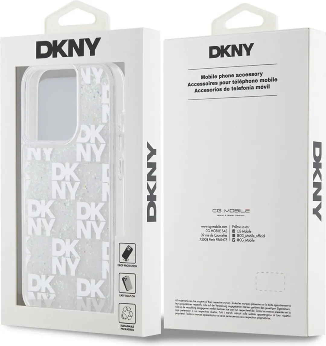 DKNY Liquid Glitter Checkered Pattern Hoesje iPhone 15 Pro - Wit