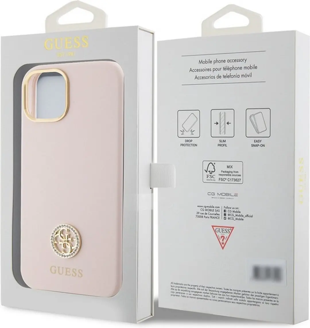 GUESS 4G Silicone Metal Logo Hoes - iPhone 15 - Roze