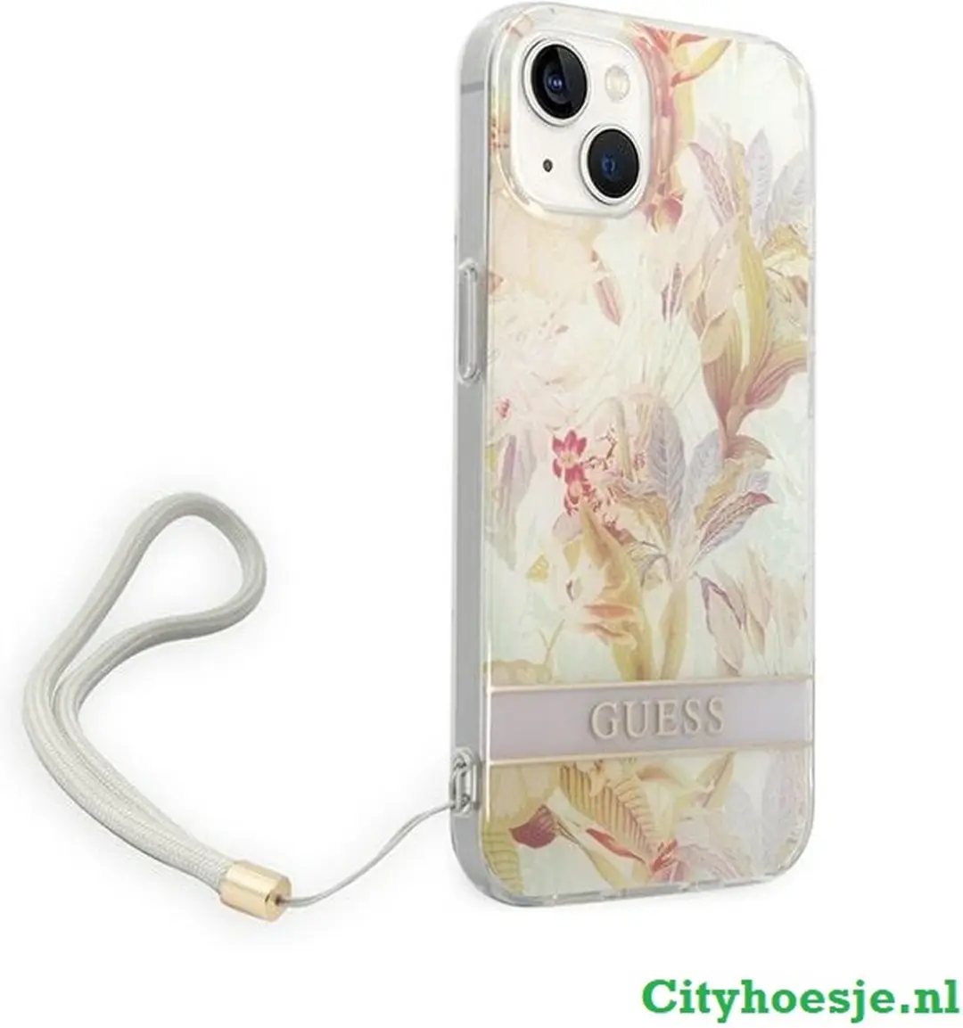GUESS iPhone 14 Plus Hoesje GUOHCP14MHFLSU - Purple Flower Strap