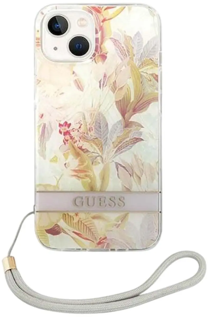 GUESS iPhone 14 Plus Hoesje GUOHCP14MHFLSU - Purple Flower Strap