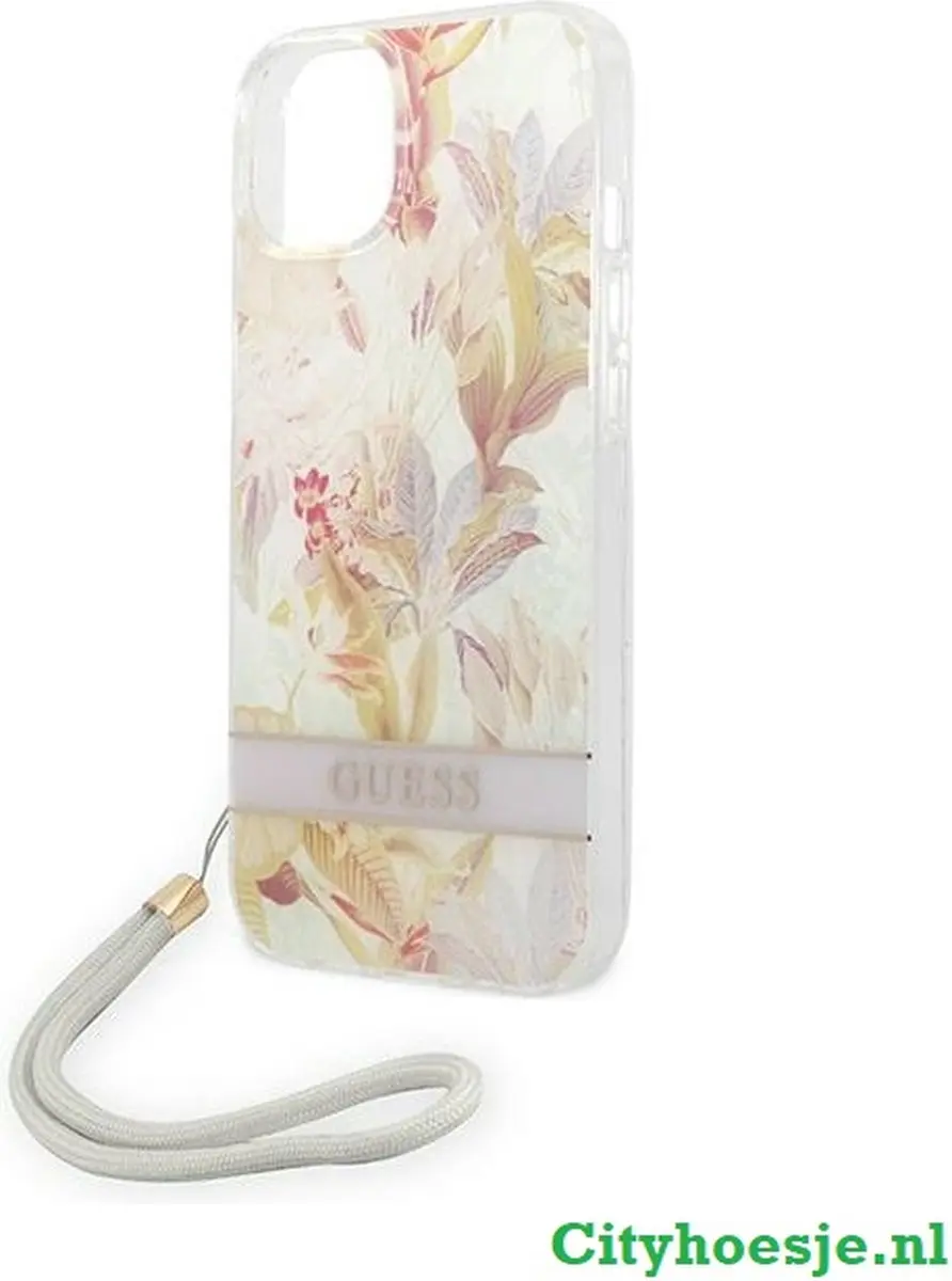 GUESS iPhone 14 Plus Hoesje GUOHCP14MHFLSU - Purple Flower Strap