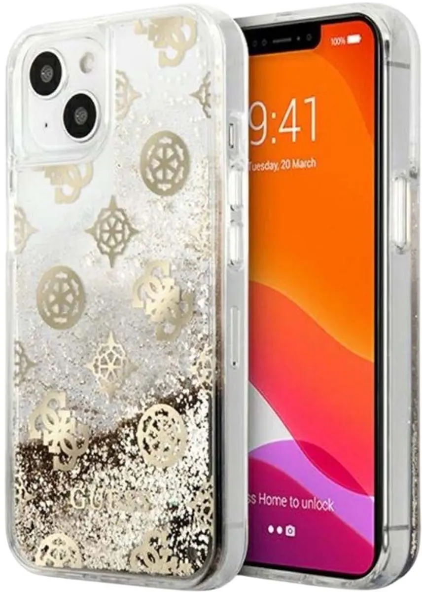 GUESS Peony Liquid Glitter iPhone 13 Mini Hoes - Goud