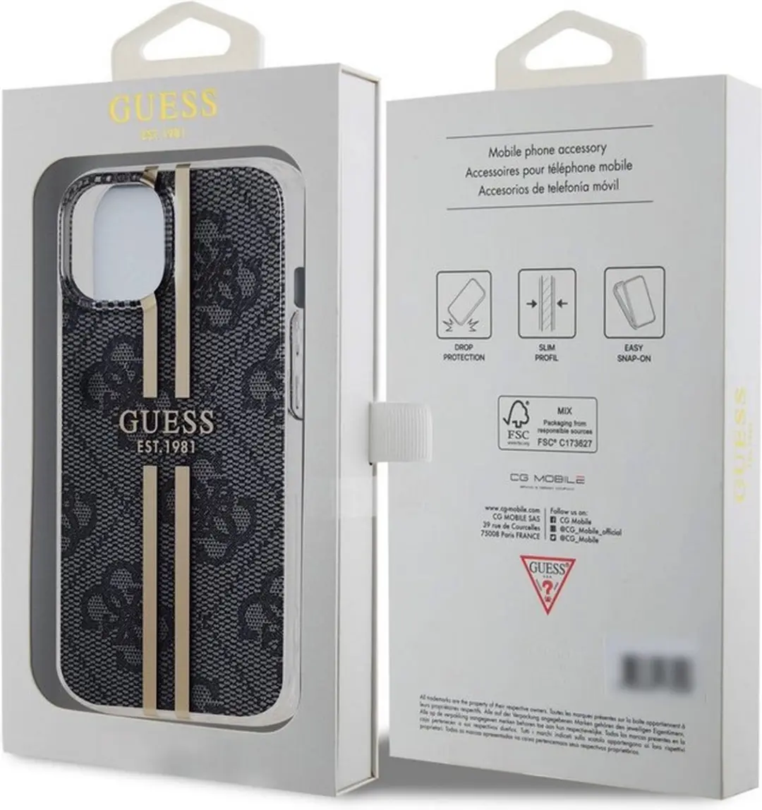 Guess 4G Gold Stripe Back Case Apple iPhone 15 - Zwart