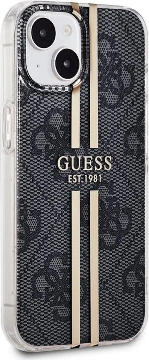 Guess 4G Gold Stripe Back Case Apple iPhone 15 - Zwart