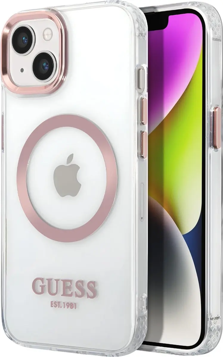 GUESS Transparant Roze iPhone 14 TPU MagSafe Hoesje - 3666339069742